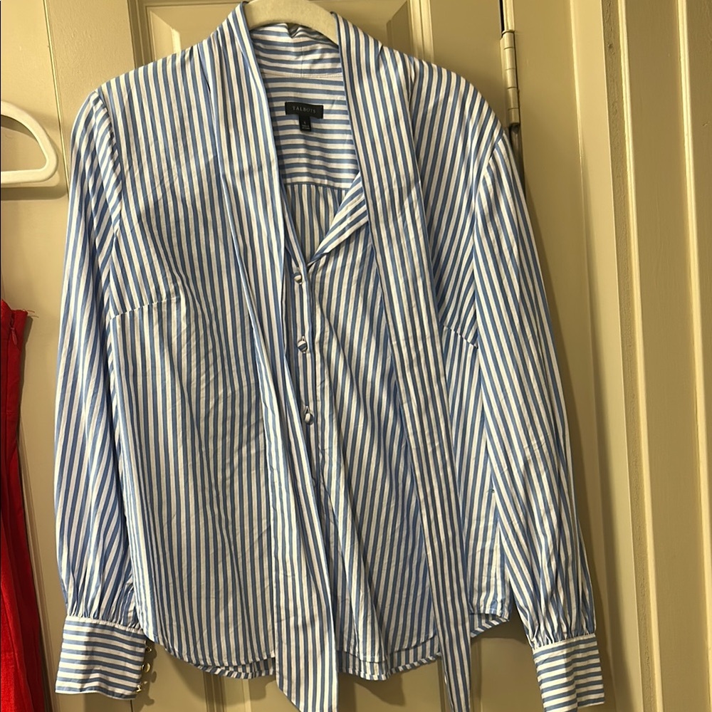 Blue and White Striped Button-Up Blouse